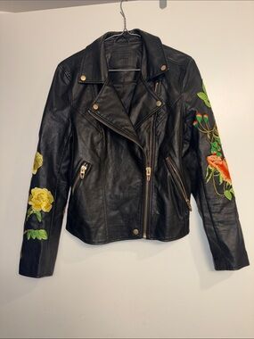 Women’s Black Leather Moto Jacket with Floral Embroidery
